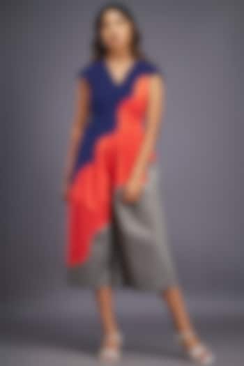 Navy Blue & Orange Cotton Backless Jumpsuit by Deepika Arora