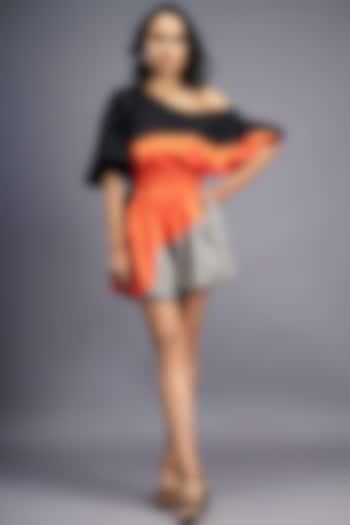 Black & Orange Cotton One-Shoulder Playsuit by Deepika Arora