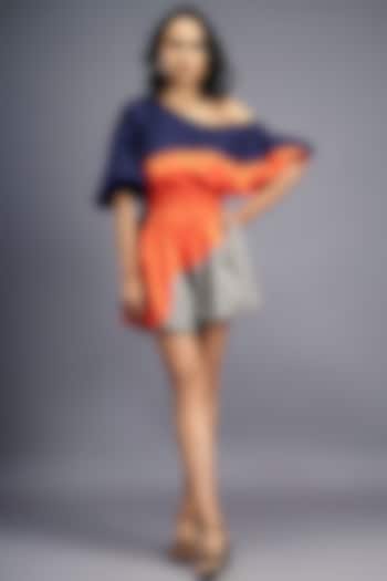 Navy Blue & Orange Cotton One-Shoulder Playsuit by Deepika Arora