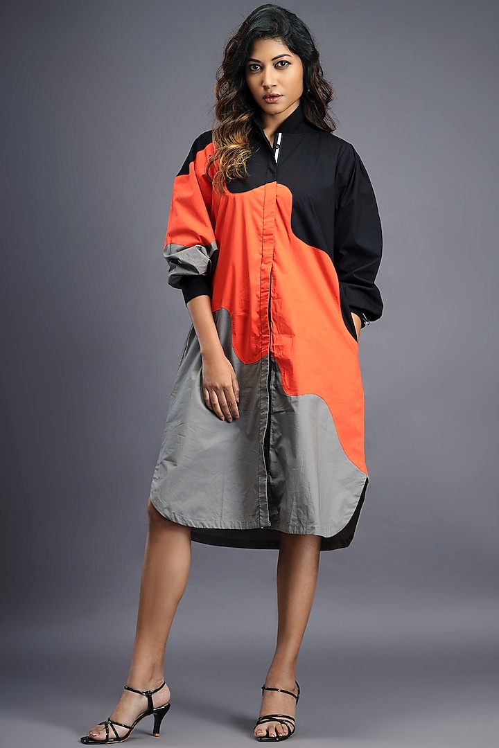 Black & Orange Cotton Shirt Dress by Deepika Arora