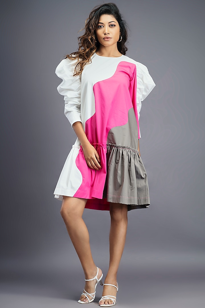 White & Pink Cotton Mini Frilled Dress by Deepika Arora