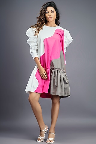 White & Pink Cotton Mini Frilled Dress by Deepika Arora