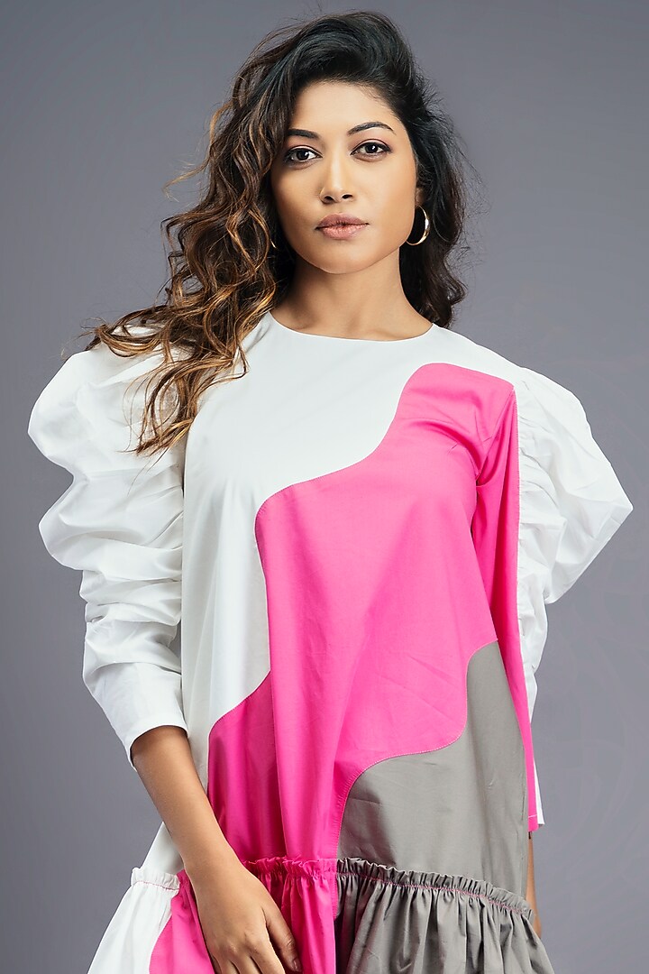White & Pink Cotton Mini Frilled Summer Dress by Deepika Arora at Pernia's Pop Up Shop