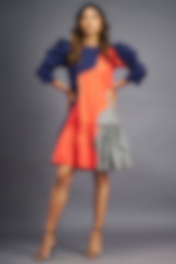 Navy Blue & Orange Cotton Mini Frilled Summer Dress by Deepika Arora at Pernia's Pop Up Shop