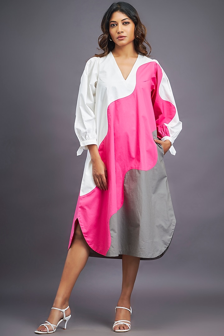 White & Pink Cotton Oversized Midi Dress by Deepika Arora