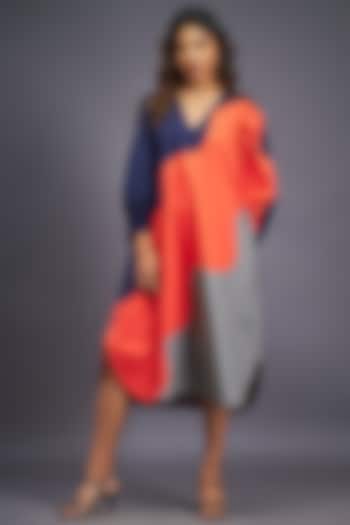Navy Blue & Orange Cotton Oversized Midi Dress by Deepika Arora