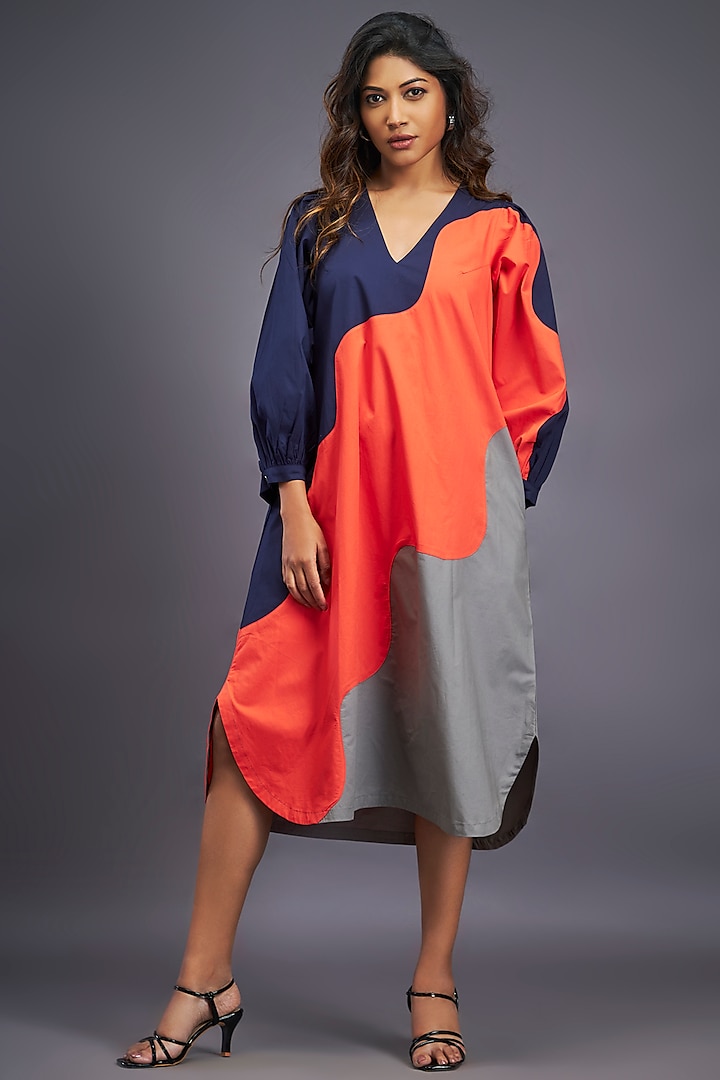 Navy Blue & Orange Cotton Oversized Midi Dress by Deepika Arora