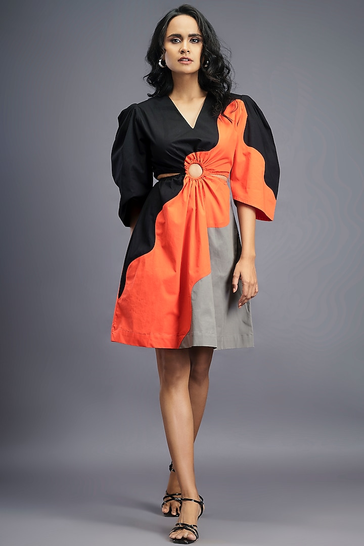 Black & Orange Cotton Cut-Out Mini Dress by Deepika Arora