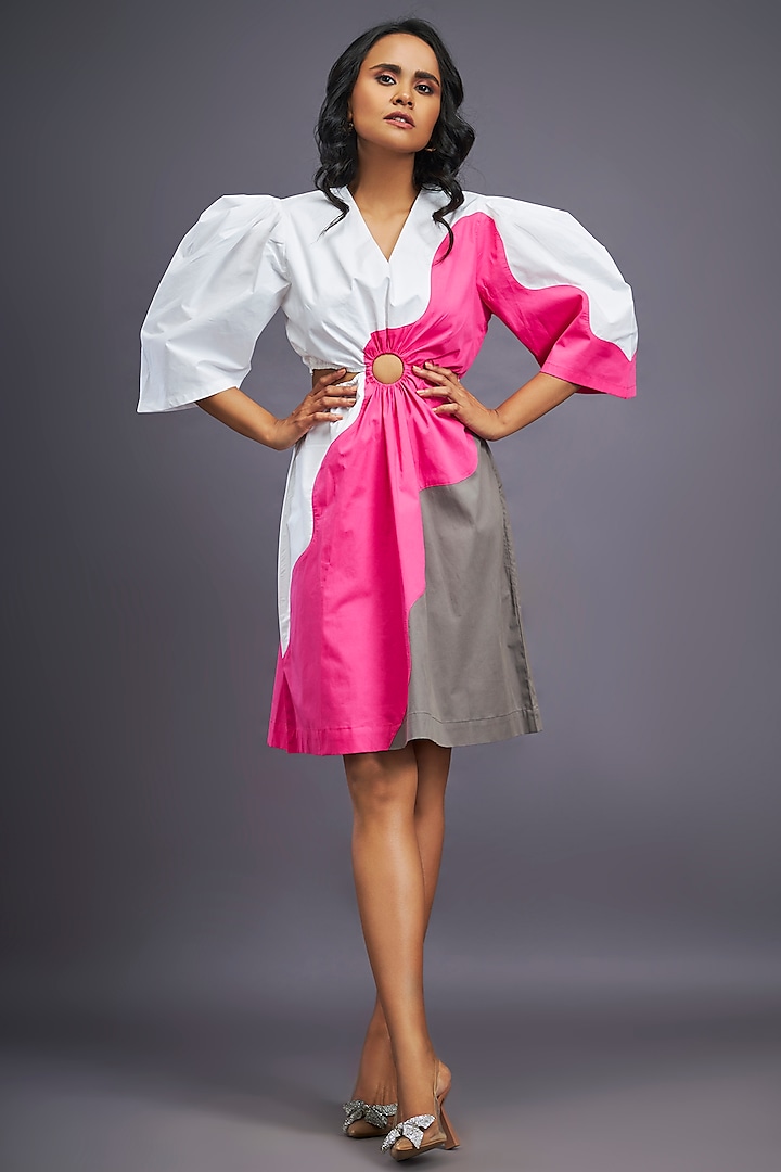 White & Pink Cotton Cut-Out Mini Dress by Deepika Arora