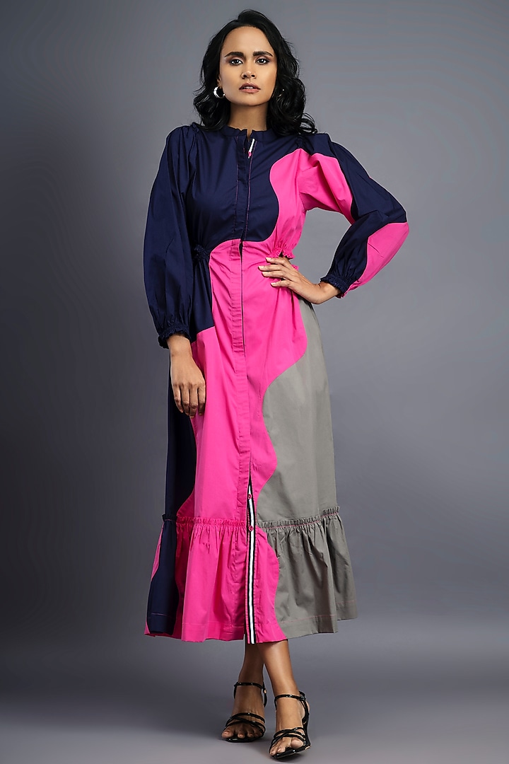 Black & Pink Cotton Maxi Shirt Dress by Deepika Arora