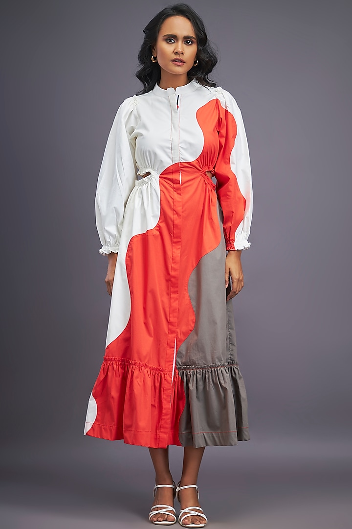 White & Orange Cotton Maxi Shirt Dress by Deepika Arora