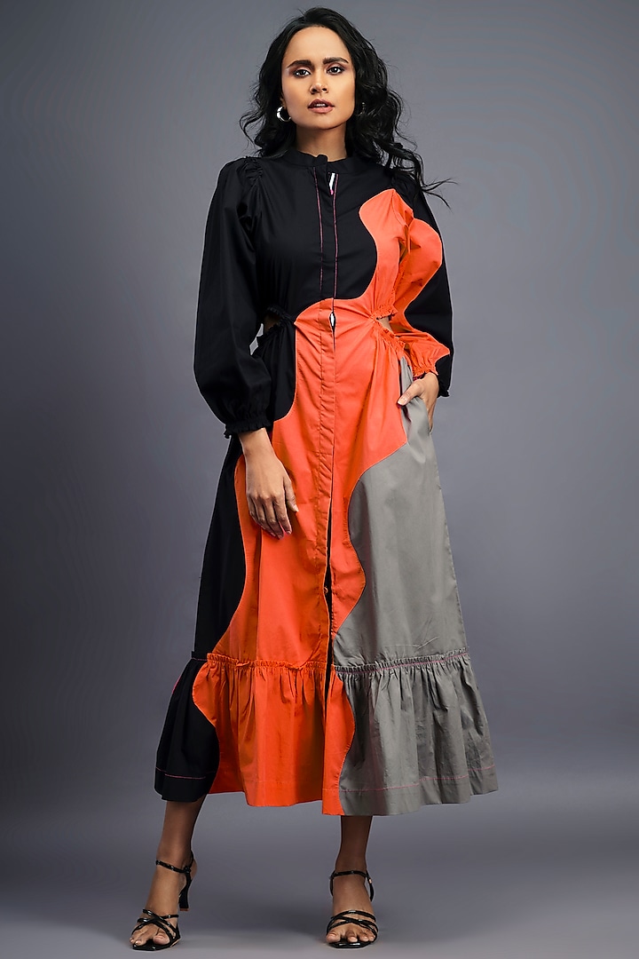 Navy Blue & Orange Cotton Maxi Shirt Dress by Deepika Arora