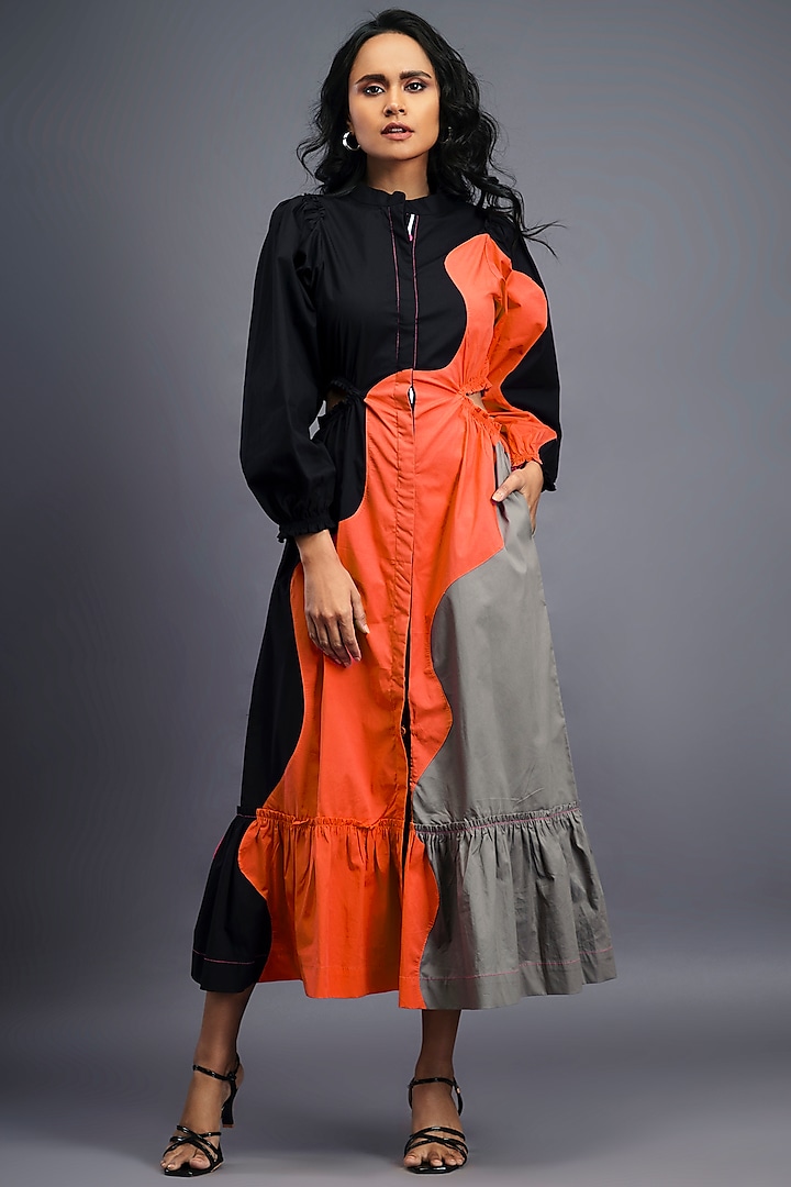 Navy Blue & Orange Cotton Maxi Shirt Dress by Deepika Arora at Pernia's Pop Up Shop