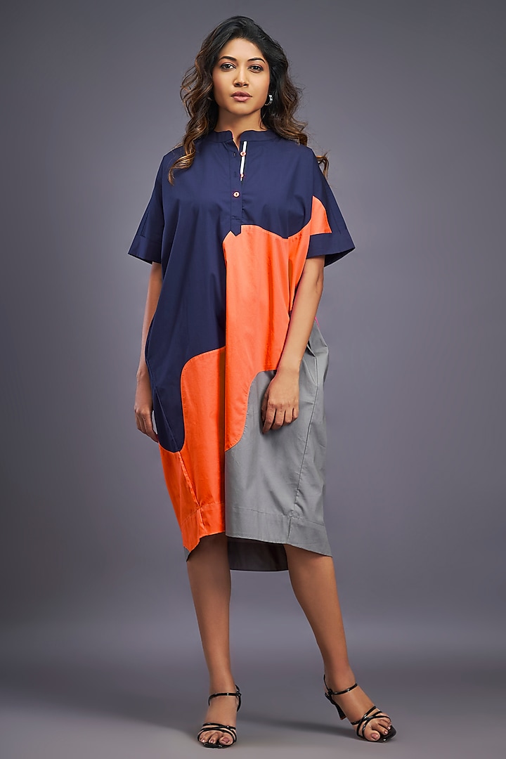 Navy Blue Cotton Kaftan Shift Dress by Deepika Arora