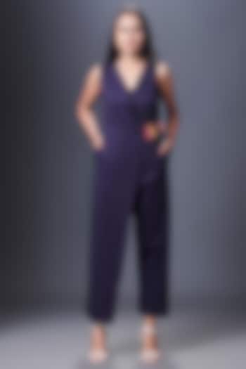 Navy Blue Ponte Roma Overlap Jumpsuit by Deepika Arora at Pernia's Pop Up Shop