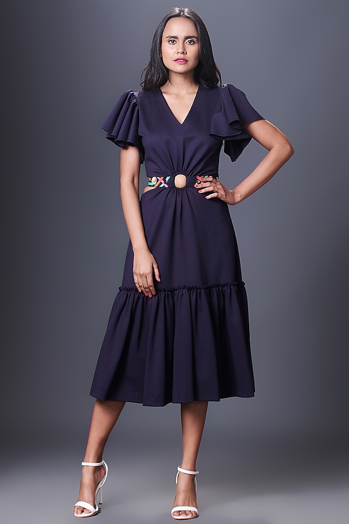 Navy Blue Ponte Roma Dress by Deepika Arora