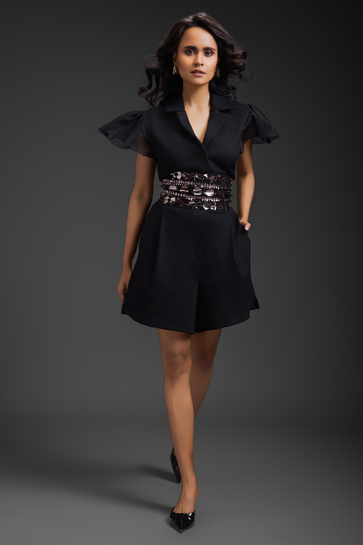 Black Ponte Roma Playsuit With Belt by Deepika Arora at Pernia's Pop Up Shop