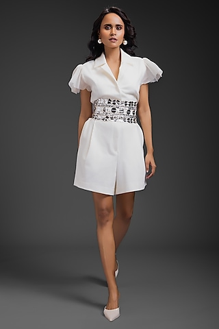 White Ponte Roma Playsuit With Belt by Deepika Arora