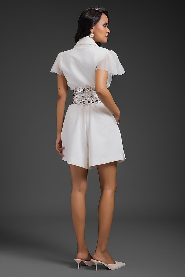White Ponte Roma Playsuit With Belt by Deepika Arora at Pernia's Pop Up Shop
