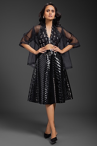 Black Vegan Leather 3D Textured A-Line Skirt by Deepika Arora