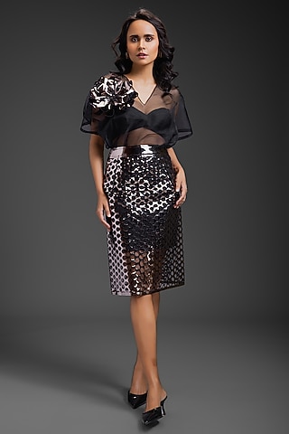 Gunmetal Vegan Leather Skirt Set by Deepika Arora