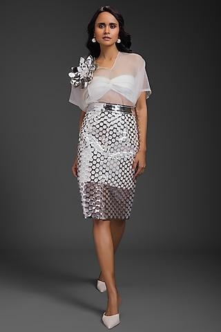 Silver Vegan Leather Skirt Set by Deepika Arora