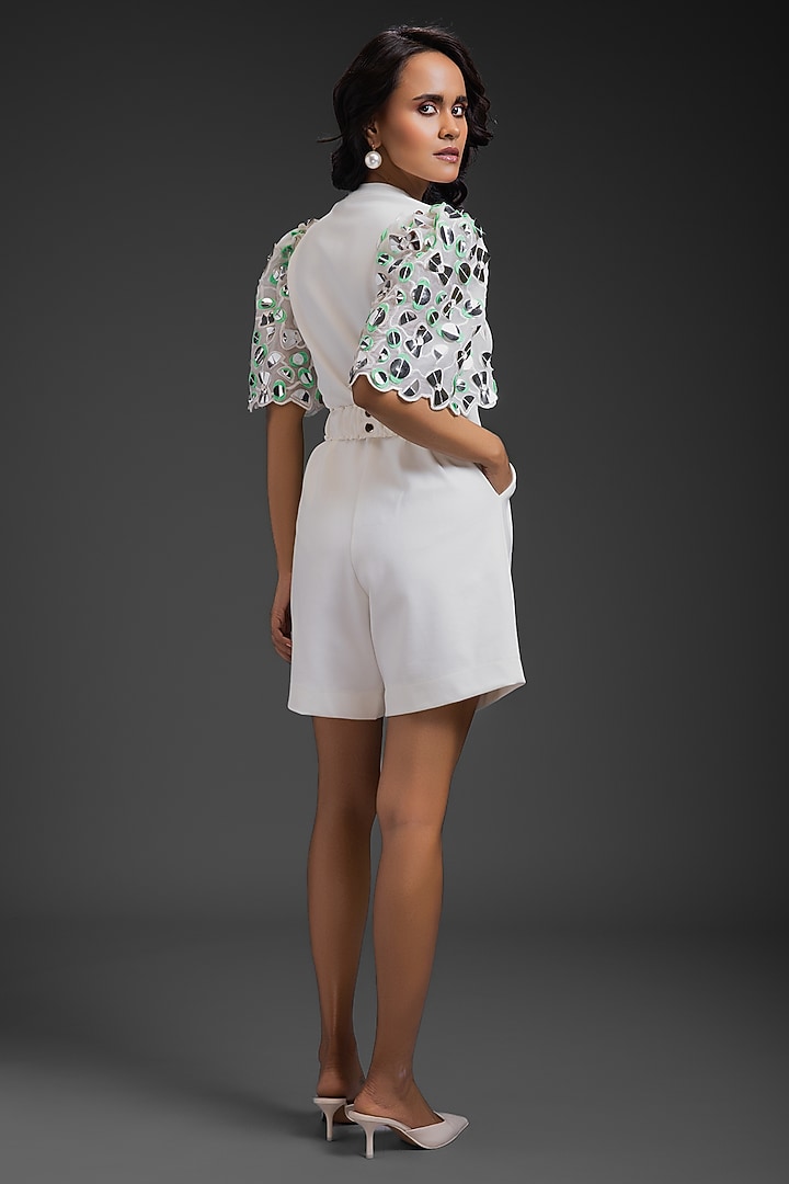 White Ponte Roma Playsuit With Belt by Deepika Arora at Pernia's Pop Up Shop