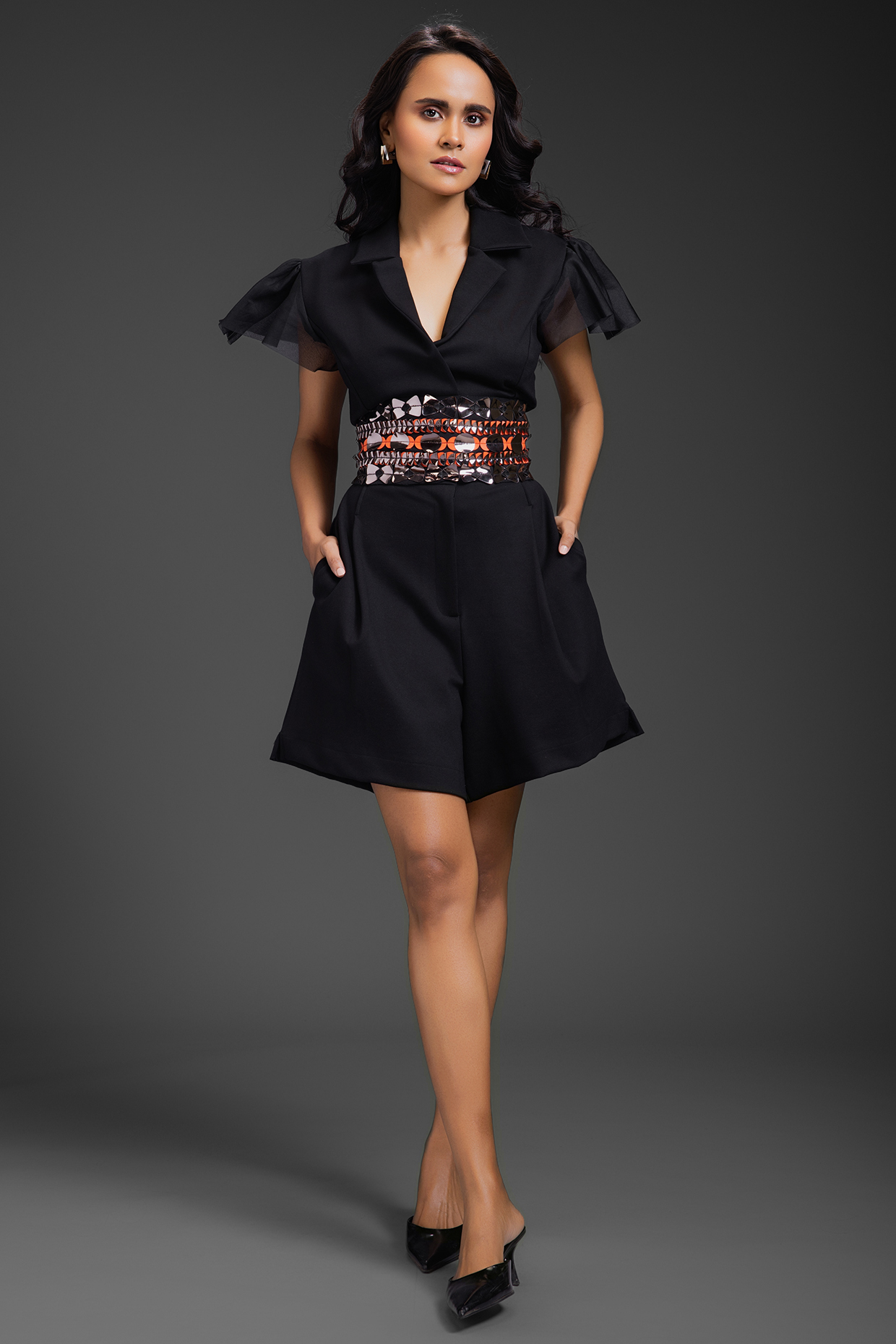 Black Ponte Roma Playsuit With Belt by Deepika Arora at Pernia's Pop Up Shop