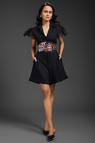 Black Ponte Roma Playsuit With Belt by Deepika Arora