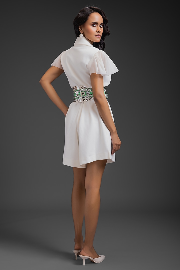 White Ponte Roma Playsuit With Belt by Deepika Arora at Pernia's Pop Up Shop