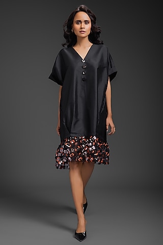 Black Taffeta Machine Embroidered Dress by Deepika Arora