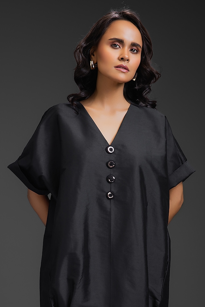 Black Taffeta Machine Embroidered Summer Dress by Deepika Arora at Pernia's Pop Up Shop