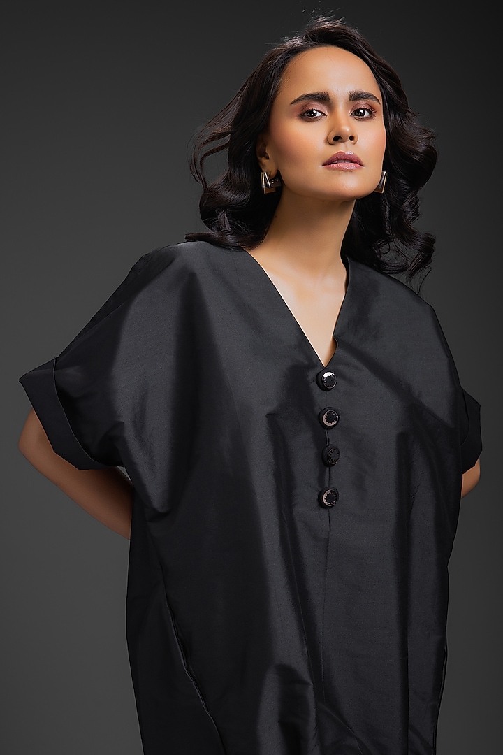 Black Taffeta Machine Embroidered Summer Dress by Deepika Arora at Pernia's Pop Up Shop