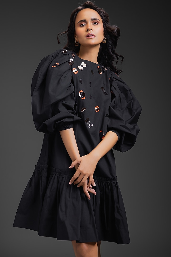 Black Cotton Neon Metallic Work Summer Dress by Deepika Arora at Pernia's Pop Up Shop