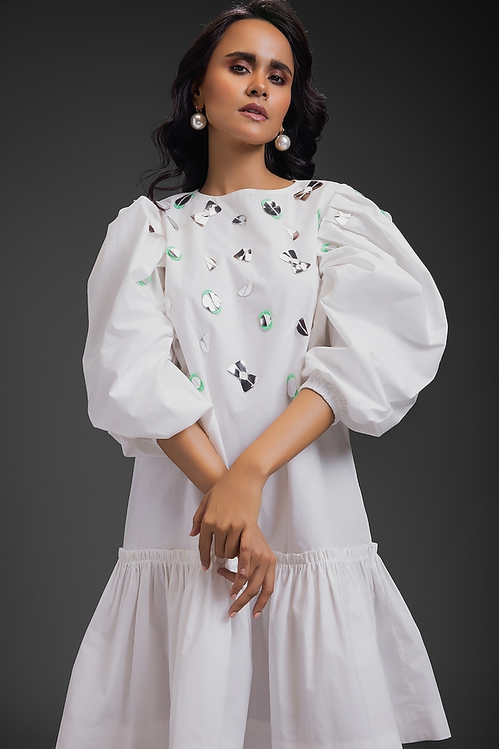 White Cotton Neon Metallic Work Summer Dress by Deepika Arora at Pernia's Pop Up Shop