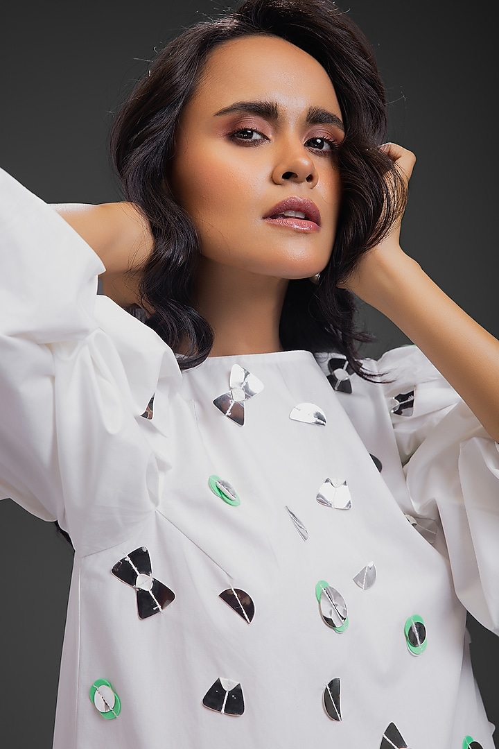 White Cotton Neon Metallic Work Summer Dress by Deepika Arora at Pernia's Pop Up Shop