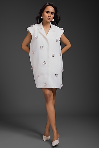 White Cotton Neon Embroidered Blazer Dress by Deepika Arora