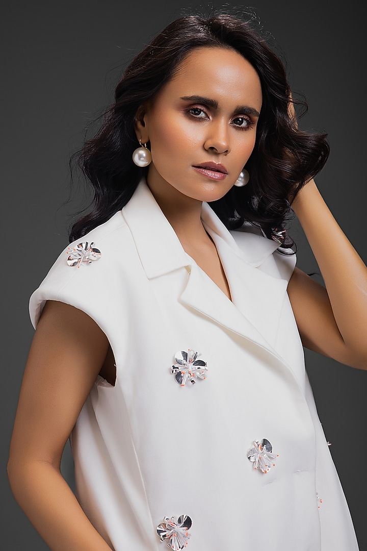 White Cotton Neon Embroidered Blazer Summer Dress by Deepika Arora at Pernia's Pop Up Shop