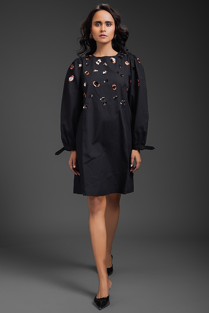 Black Cotton Neon Metallic Work Straight Summer Dress by Deepika Arora at Pernia's Pop Up Shop