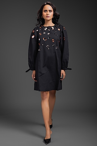 Black Cotton Neon Metallic Work Straight Dress by Deepika Arora