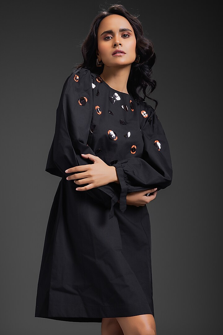 Black Cotton Neon Metallic Work Straight Summer Dress by Deepika Arora at Pernia's Pop Up Shop