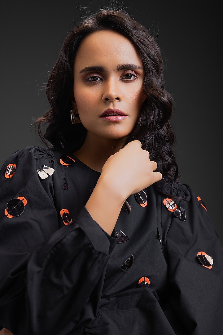 Black Cotton Neon Metallic Work Straight Summer Dress by Deepika Arora at Pernia's Pop Up Shop