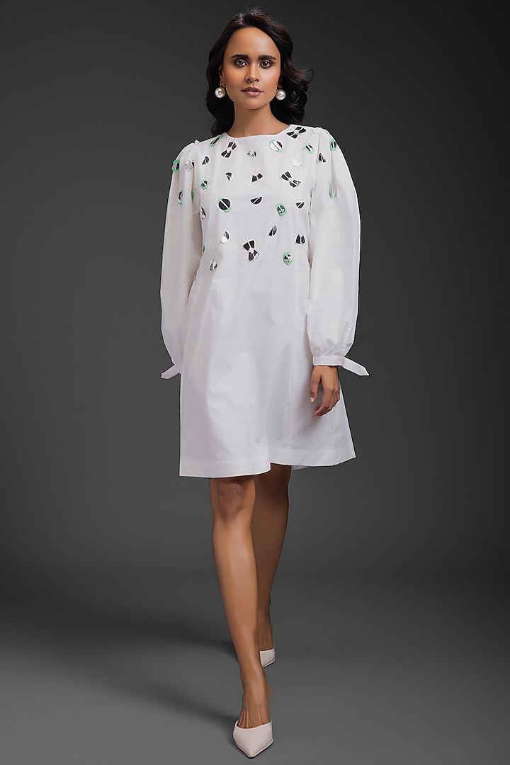 White Cotton Neon Metallic Work Straight Summer Dress by Deepika Arora at Pernia's Pop Up Shop