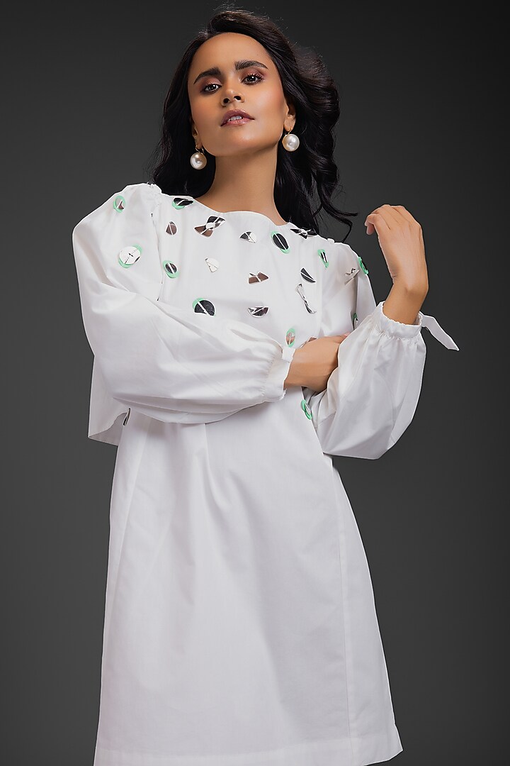 White Cotton Neon Metallic Work Straight Summer Dress by Deepika Arora at Pernia's Pop Up Shop