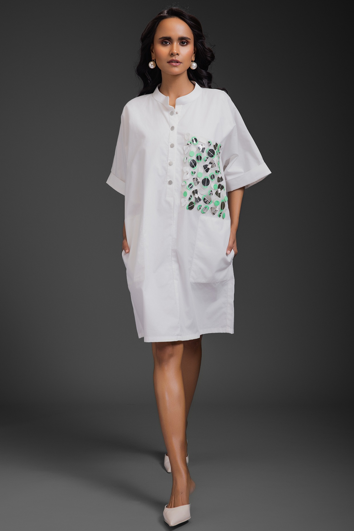 White Cotton Neon Metallic Work Shirt Summer Dress by Deepika