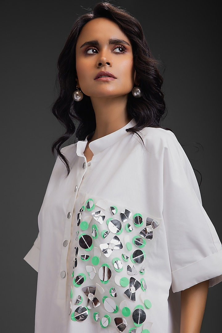 White Cotton Neon Metallic Work Shirt Summer Dress by Deepika Arora at Pernia's Pop Up Shop