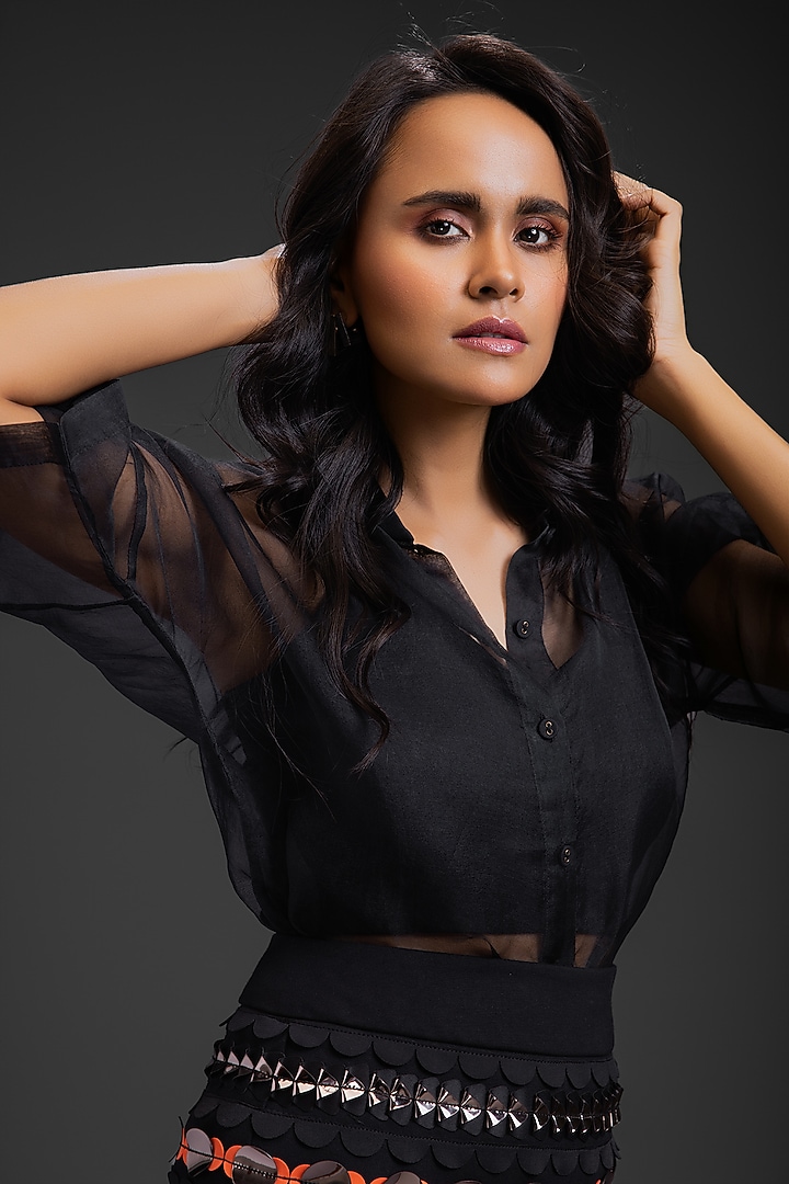 Black Organza Neon Metallic Work Skirt Set by Deepika Arora at Pernia's Pop Up Shop