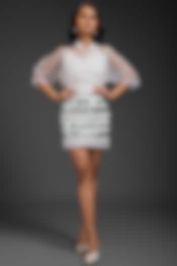 White Ponte Roma Neon Metallic Work Skirt by Deepika Arora at Pernia's Pop Up Shop