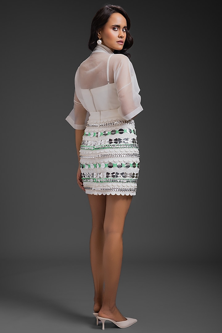 White Ponte Roma Neon Metallic Work Skirt by Deepika Arora at Pernia's Pop Up Shop