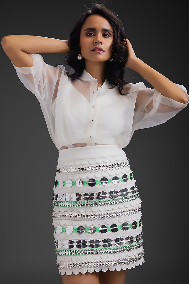 White Ponte Roma Neon Metallic Work Skirt by Deepika Arora at Pernia's Pop Up Shop